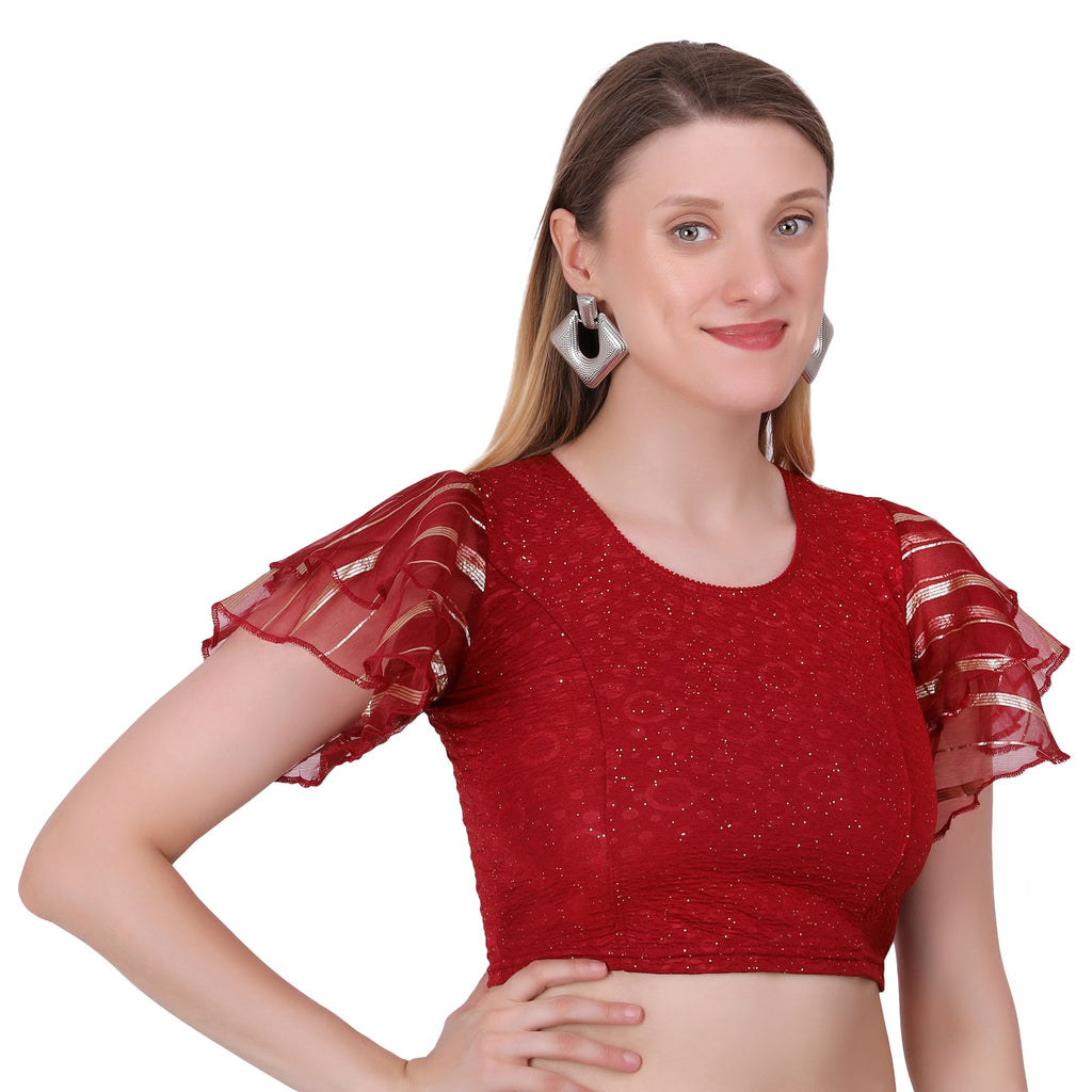 Vamika Crush Lycra Maroon Frill Sleeves Blouse