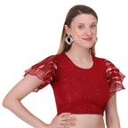 Vamika Crush Lycra Maroon Frill Sleeves Blouse