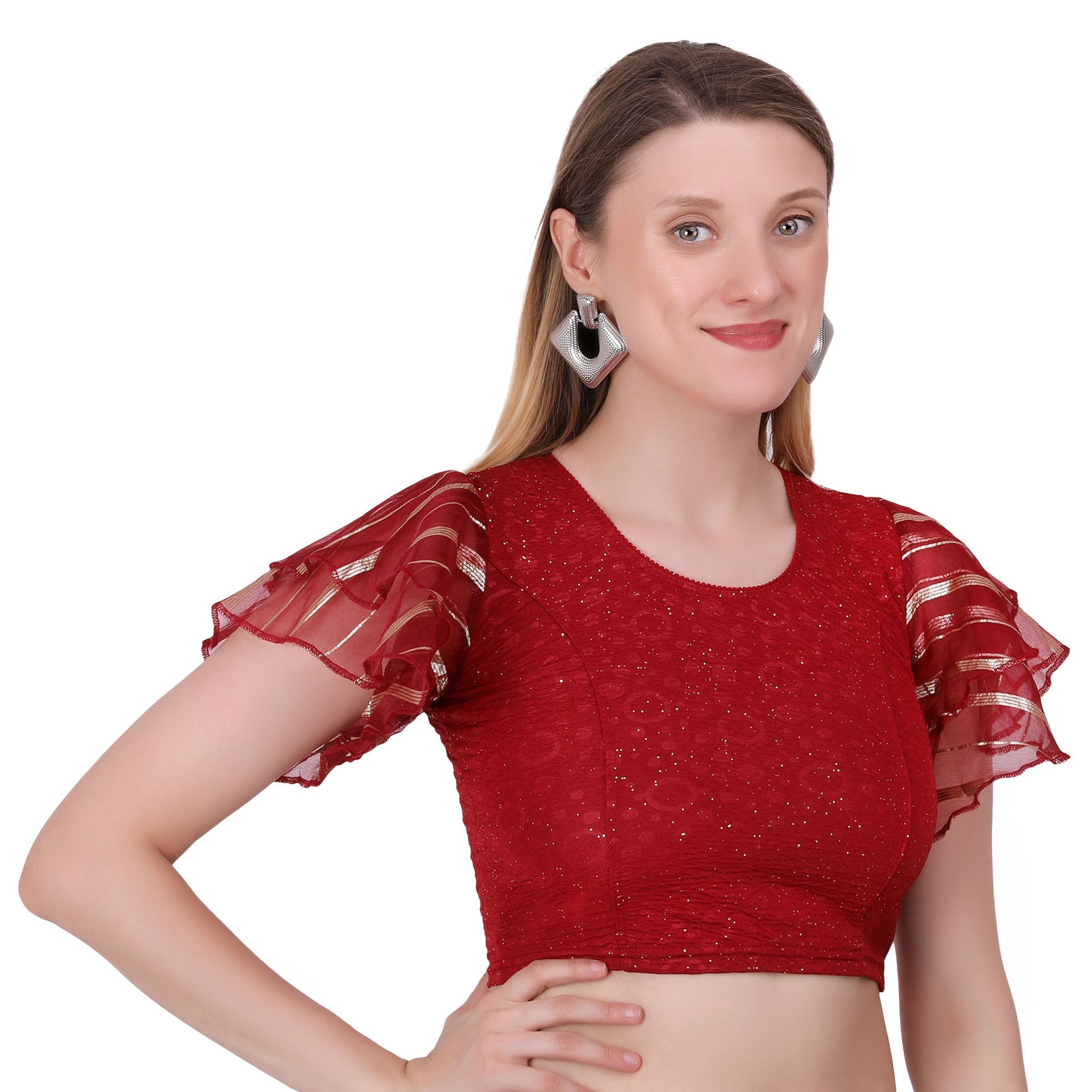 Vamika Crush Lycra Maroon Frill Sleeves Blouse
