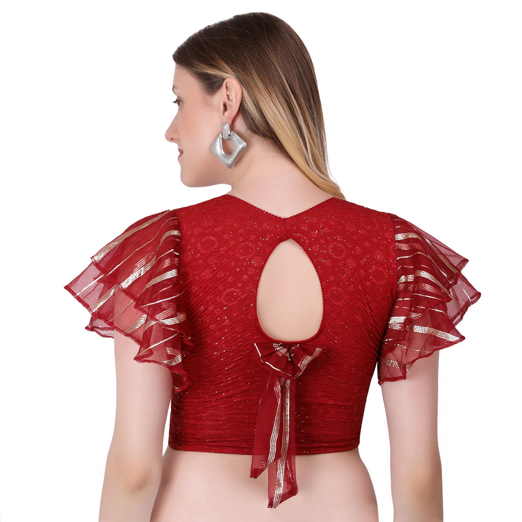 Vamika Crush Lycra Maroon Frill Sleeves Blouse