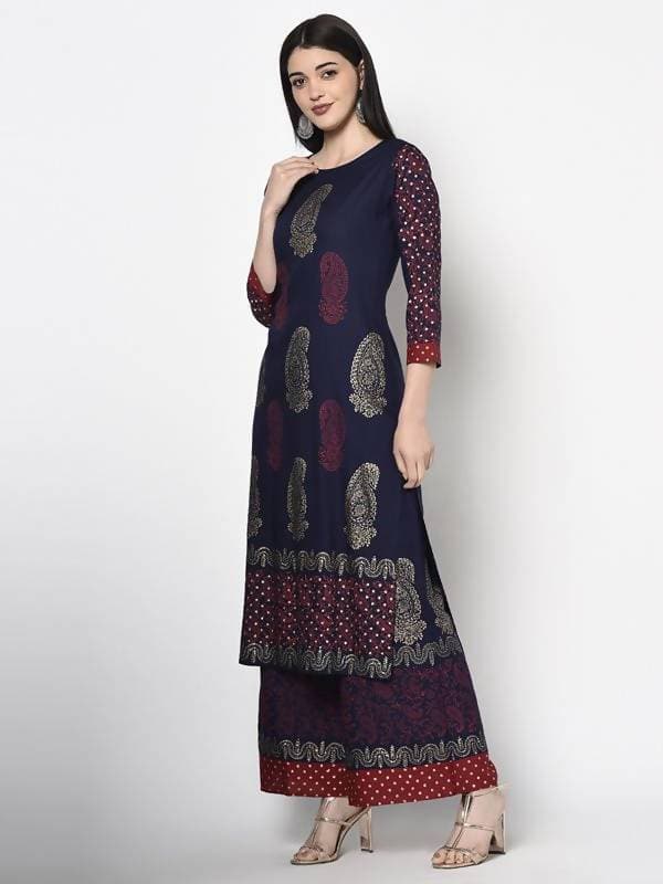 Aniyah Rayon Navy Blue Color Block Print Straight kurta (AN-180K)