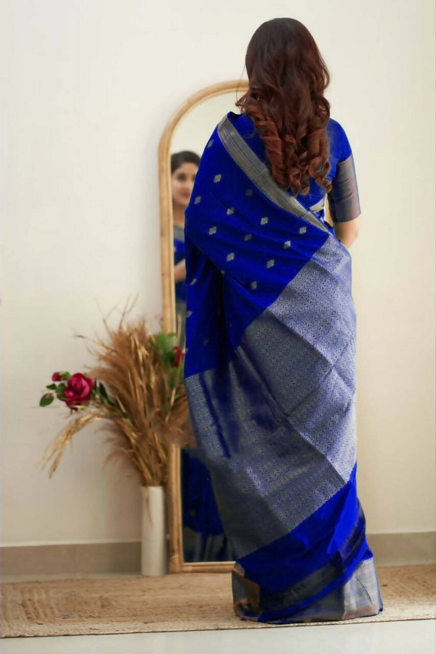 DEIANA'S Beautiful Designer Golden zari Soft Lichi Silk Saree - Royal Blue