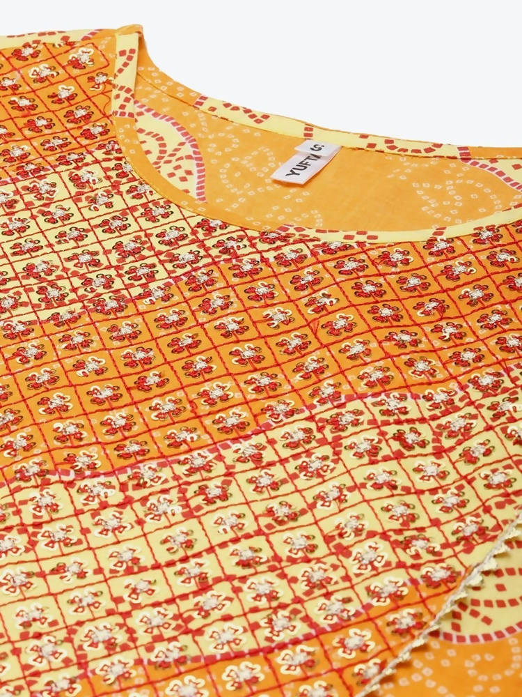 Yufta Women Yellow & White Bandhani Printed Kurta with Trouser