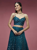 House of Panchhi Teal Net Sequinse Embroidered Lehenga & Blouse with Dupatta