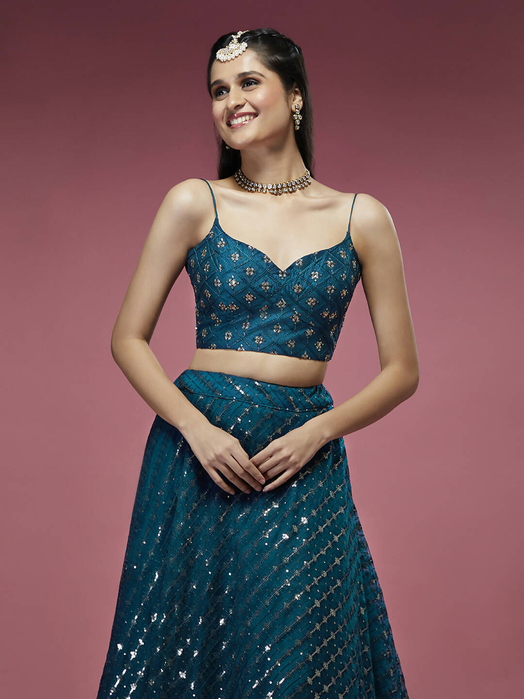 House of Panchhi Teal Net Sequinse Embroidered Lehenga & Blouse with Dupatta