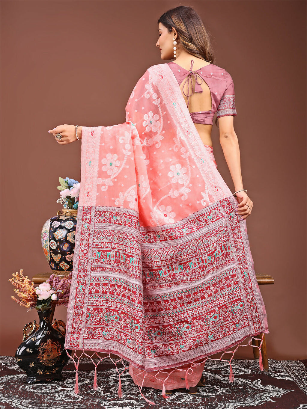 Shree Shyam Fashion Anaya Peach Linen Cotton Saree
