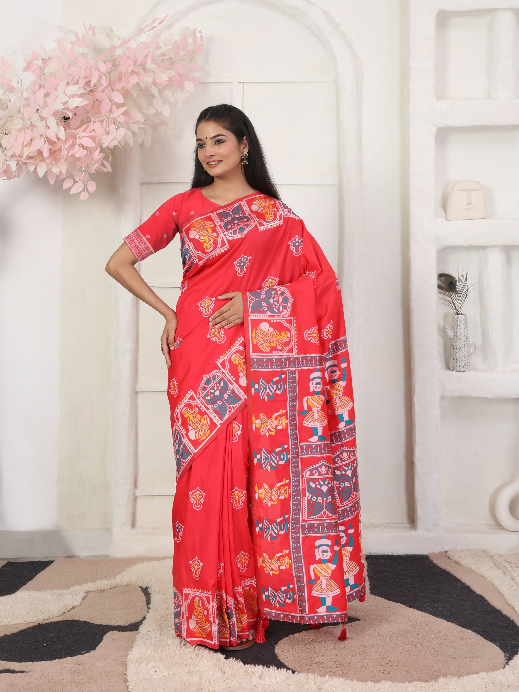 Shree Shyam Fashion Silk Blend Red Saree - Distacart