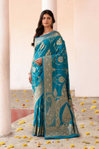 Joban Fashion Blue Banarasi Soft Pure Handloom Banarasi Silk Saree