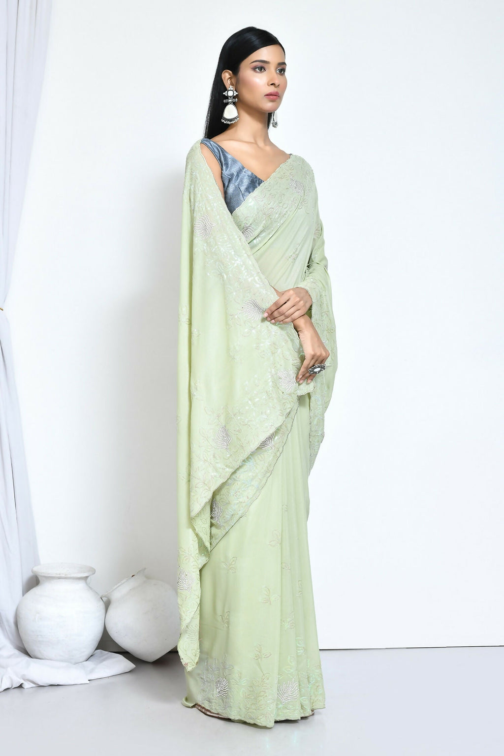 Green Crepe Silk Sequence Embroidered with Stone work Saree - Nimaya Benzy