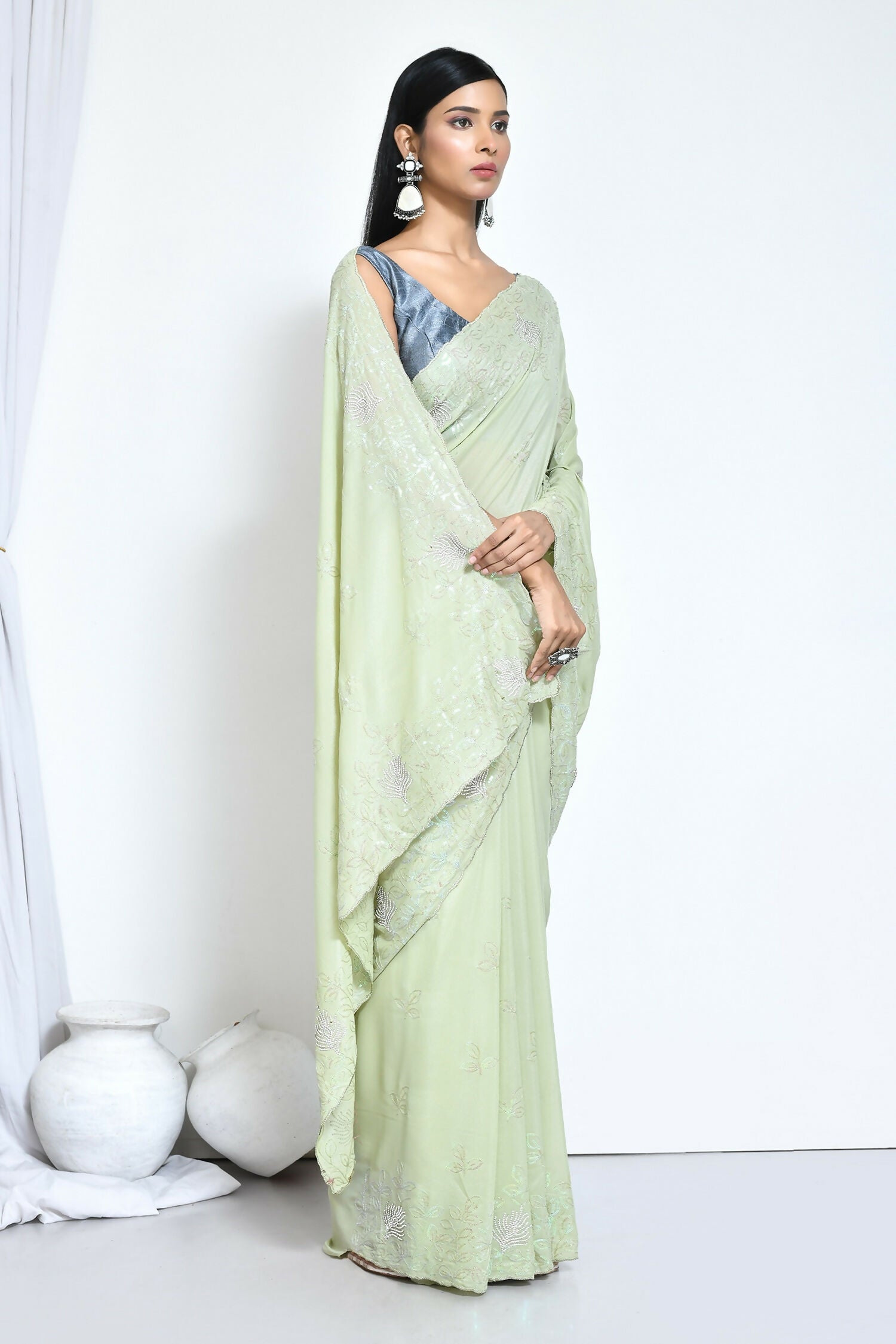 Green Crepe Silk Sequence Embroidered with Stone work Saree - Nimaya Benzy