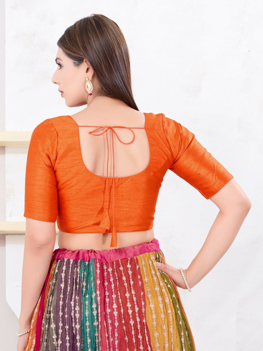 Joban Fashion Orange Dupion Silk Elbow Sleeveless Front Open Blouse