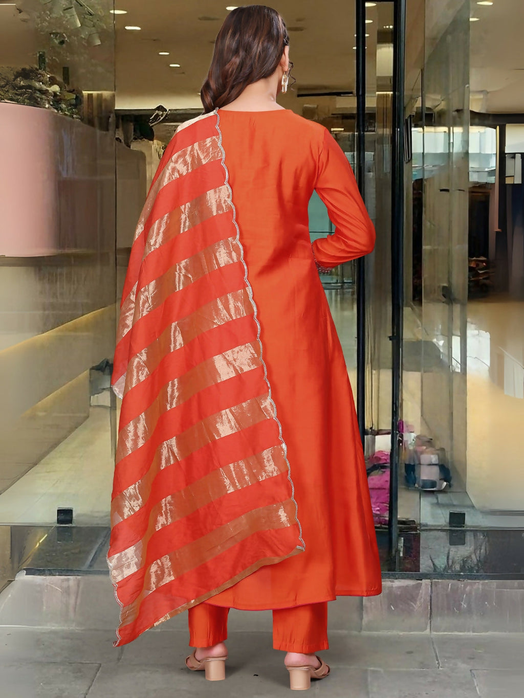 The52 Rust Women's Gorgeous Embroidered Work Chanderi Fabric Flared Kurta Pant and Dupatta Set - Distacart