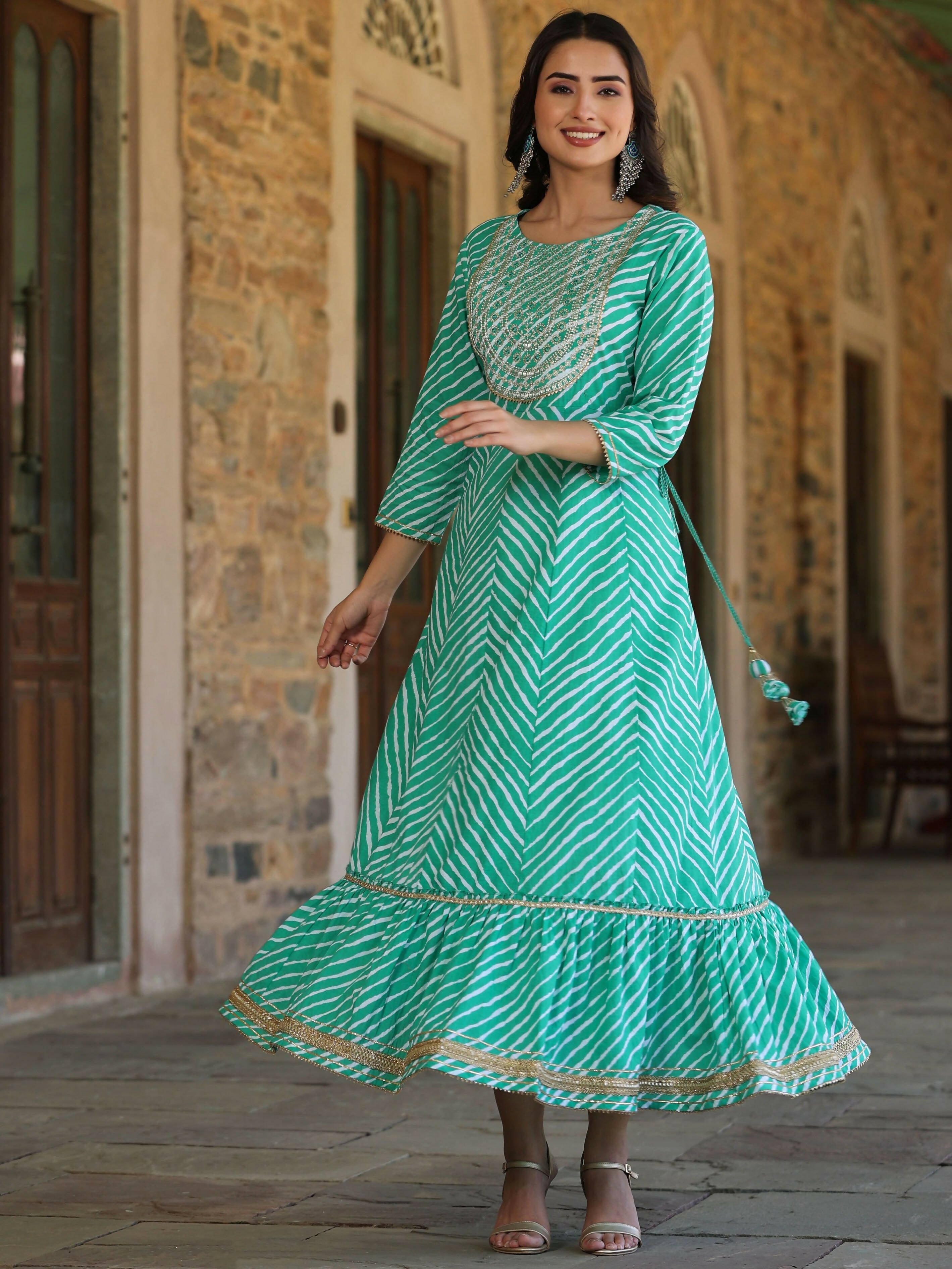 Juniper Women's Green Printed Embroidered Mirror Work Sequin Cotton Flared Dress - Distacart