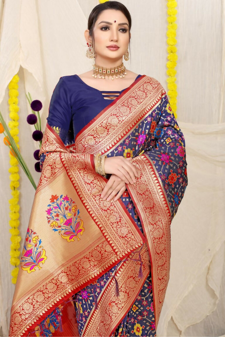 Jyoti Fashion Women's Navy Blue Patola Silk Zari Woven Saree with Blouse - Distacart