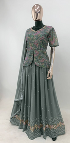 Lorenvalley Fashion Grey Faux Georgette Embroidery with Sequince Work Salwar Lehenga Stitched