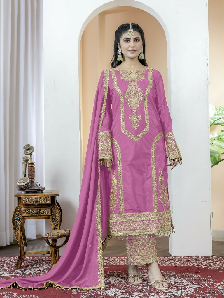Teeya Creation Baby Pink Color Chinnon Silk Embroidery Work Fully Stitched Salwar Suit - Distacart
