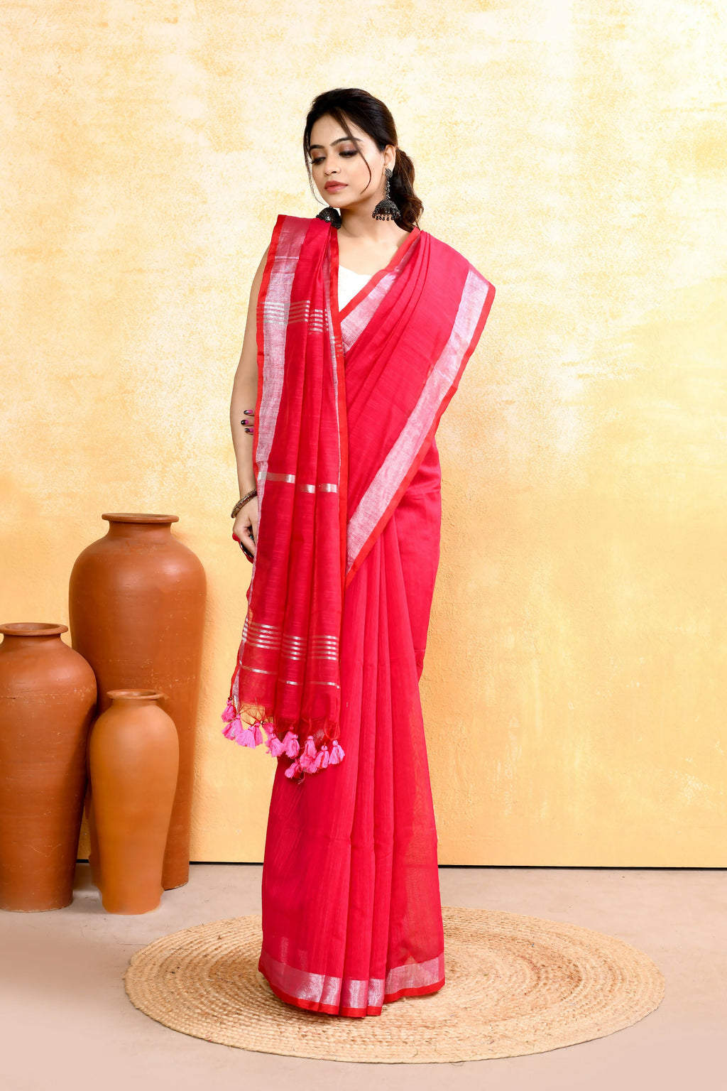 Piyari Fashion Women's Rani Pink Embellished Cotton Blend Zari Border Handloom Saree - Distacart