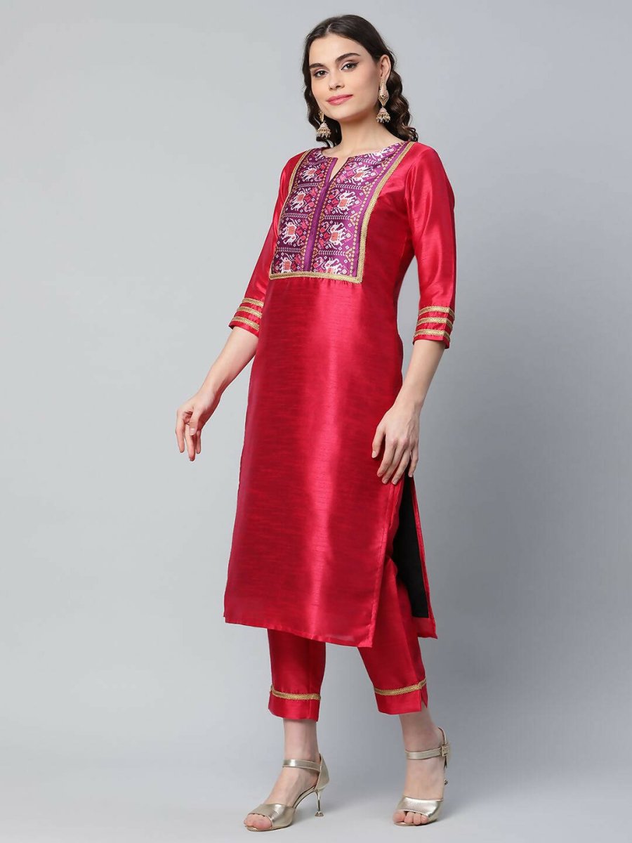 Ahalyaa Womens Red Art Silk Printed Kurta Pant Set - Distacart