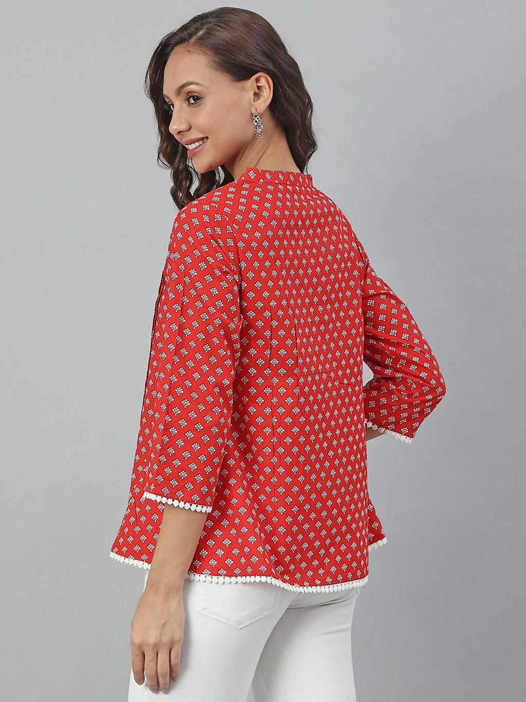 Janasya Women's Red Cotton Floral Print Flared Top - Distacart