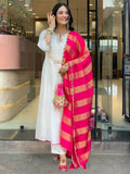 The52 White Women's Gorgeous Embroidered Work Chanderi Fabric Flared Kurta Pant and Dupatta Set - Distacart