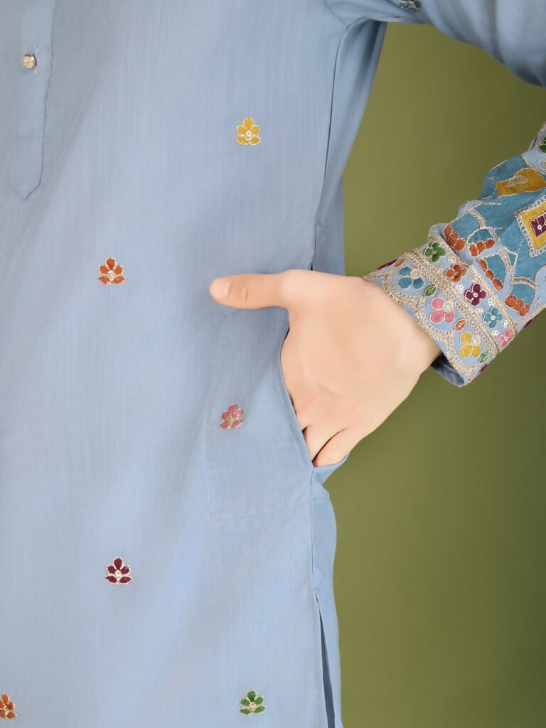 Vastranavya Sky Blue Exclusive Festival Wear Cotton Sequence Embroidered & Thread Work Kurta