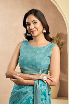 Vastranavya Sky Blue Digital Printed Linen Ready To Wear Designer Saree with Unstitched Blouse - Distacart