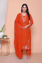 Miravan Womens Embroidered Cotton Kurta With Palazzo & Dupatta Set - Distacart