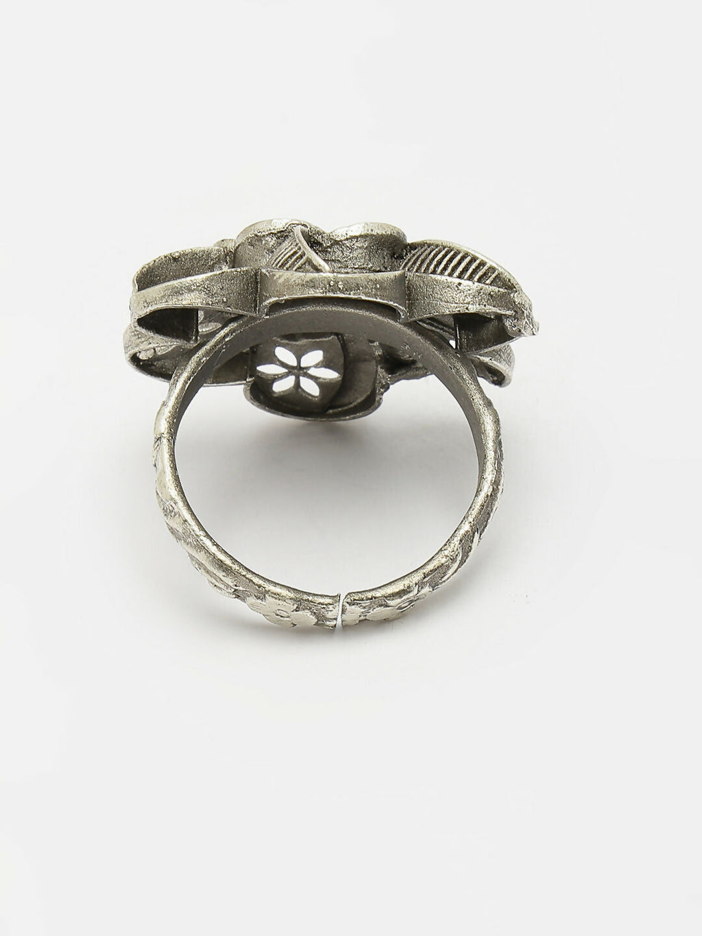 NVR Women's Silver-Toned Floral Shape Adjustable Finger Ring