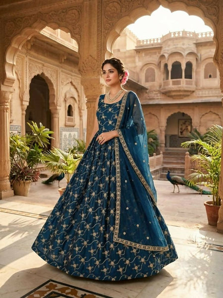 Teeya Creation Blue Color Fendy Silk Heavy Embroidery Work Wedding Wear Long Gown
