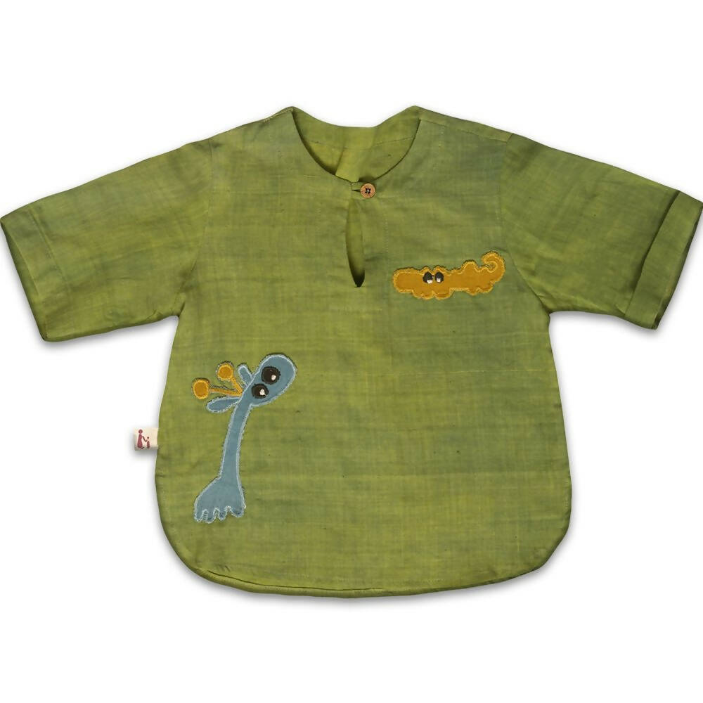 Mhyssa Tick Tock Round Neck Half Sleeve Green T-shirt With Full Length Yellow Pant Set For Kids