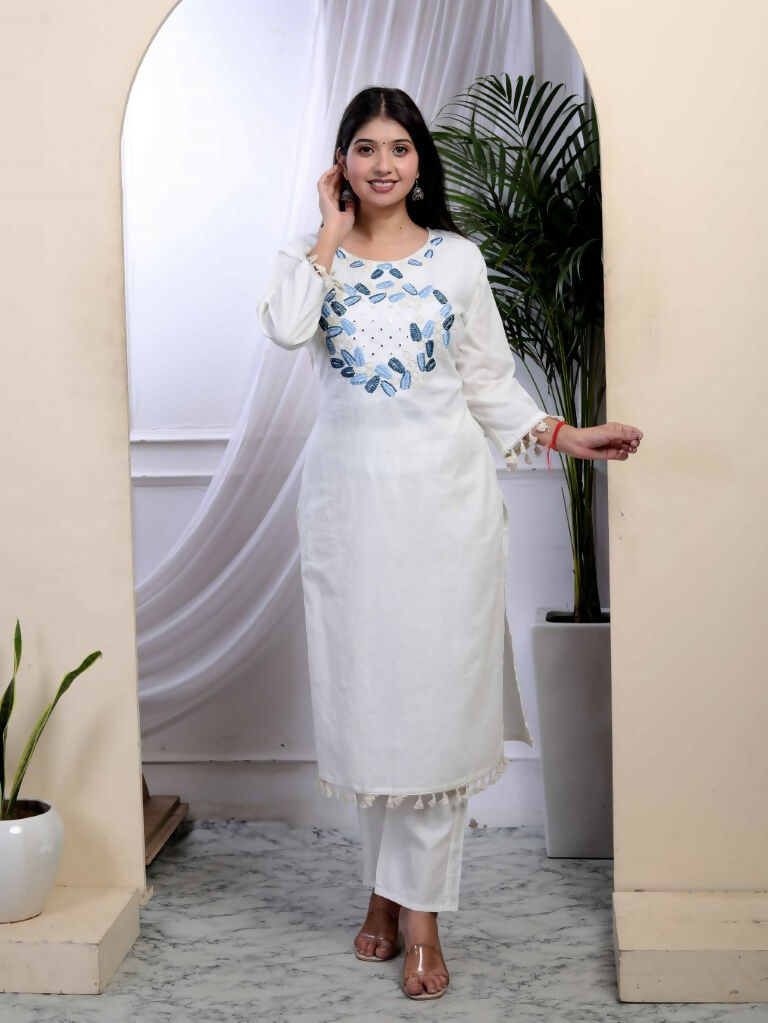 Miravan Women's White Cotton Thread Work Embroidered And Mirror Work Straight Kurta Palazzo With Dupatta Set