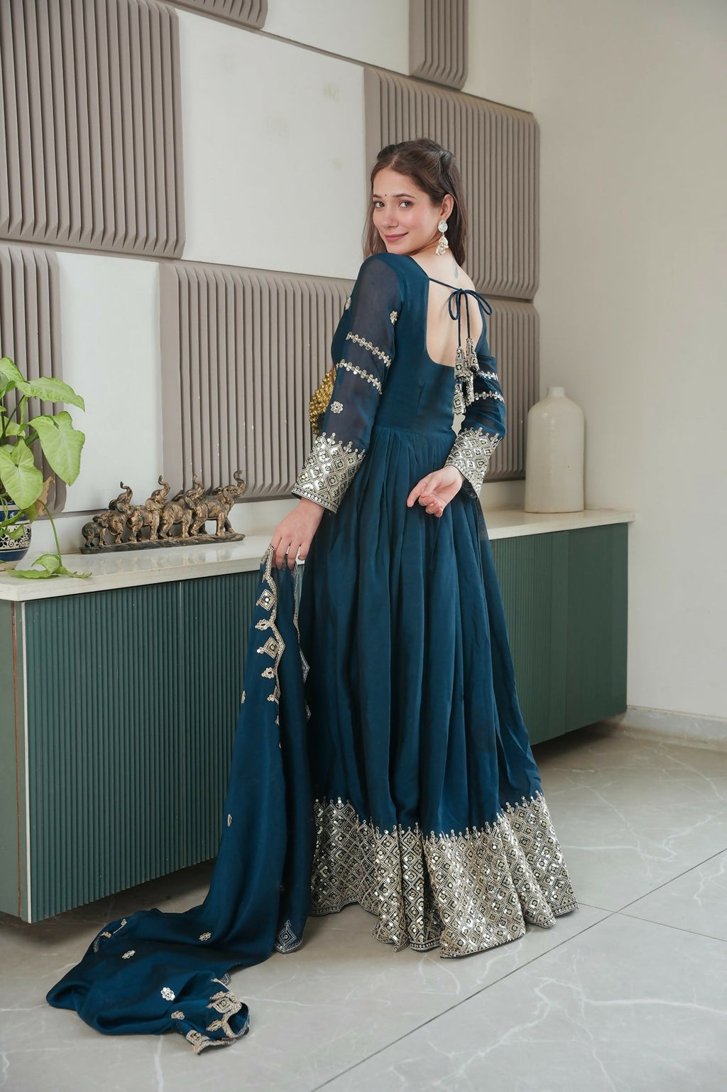 Teeya Creation Teal Color Heavy Crush Silk Wedding Wear Embroidery Work Long Gown - Distacart