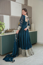 Teeya Creation Teal Color Heavy Crush Silk Wedding Wear Embroidery Work Long Gown - Distacart