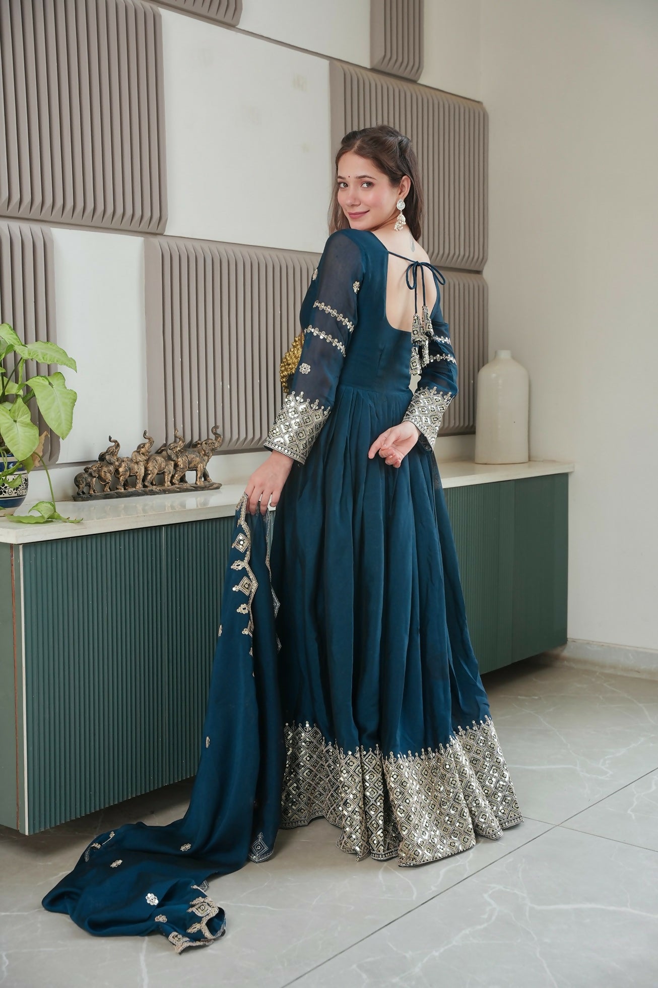 Teeya Creation Teal Color Heavy Crush Silk Wedding Wear Embroidery Work Long Gown - Distacart