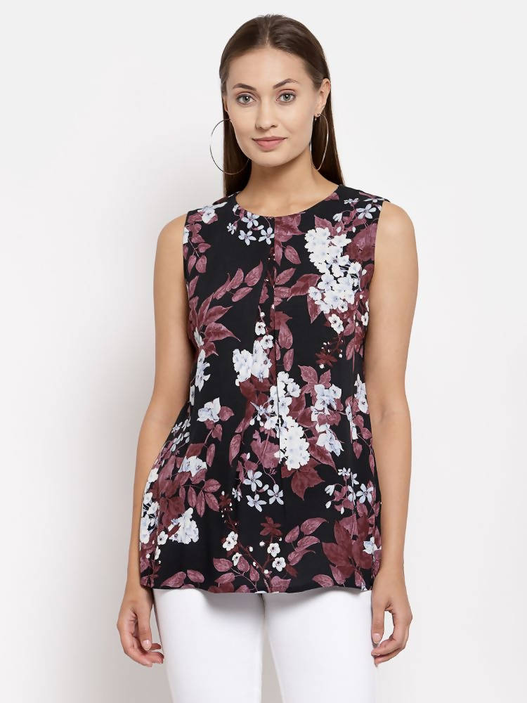 Myshka Women's Multi Crep Printed Sleeveless Round Neck Casual Top