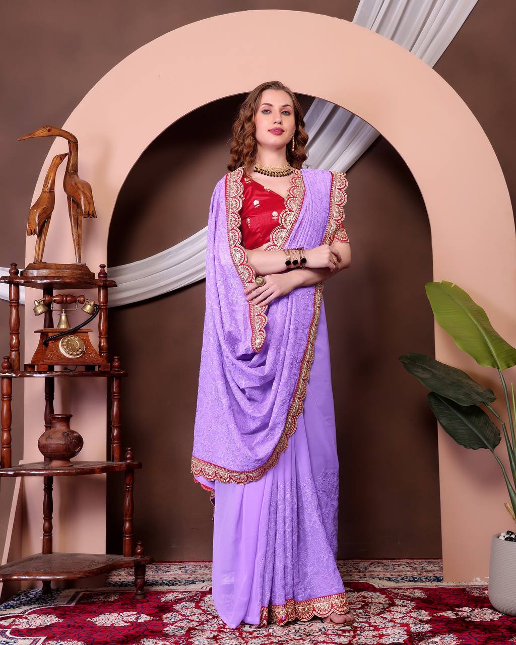 Teeya Creation Lavender Color Georgette Fabric Chikankari Work Saree - Distacart