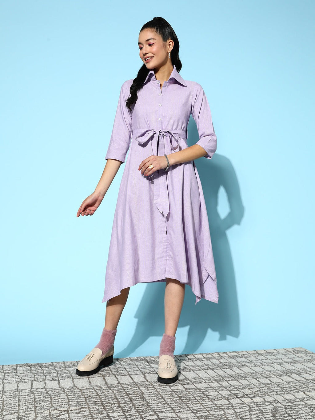 Yufta Lavender Belted Midi Dress - Distacart