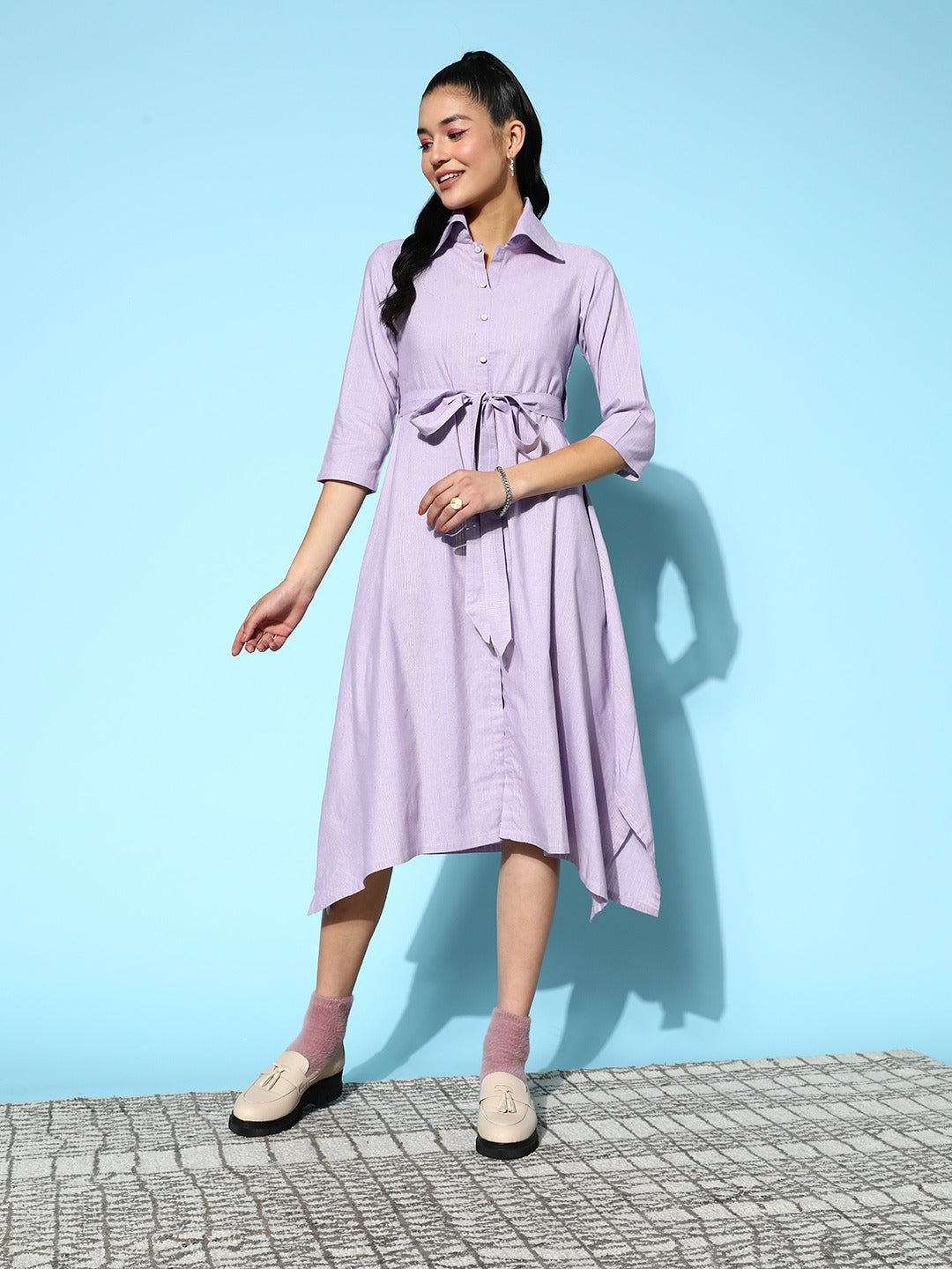 Yufta Lavender Belted Midi Dress - Distacart