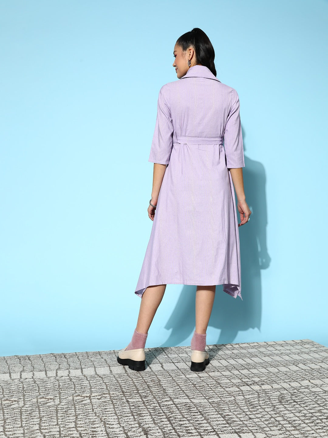 Yufta Lavender Belted Midi Dress - Distacart