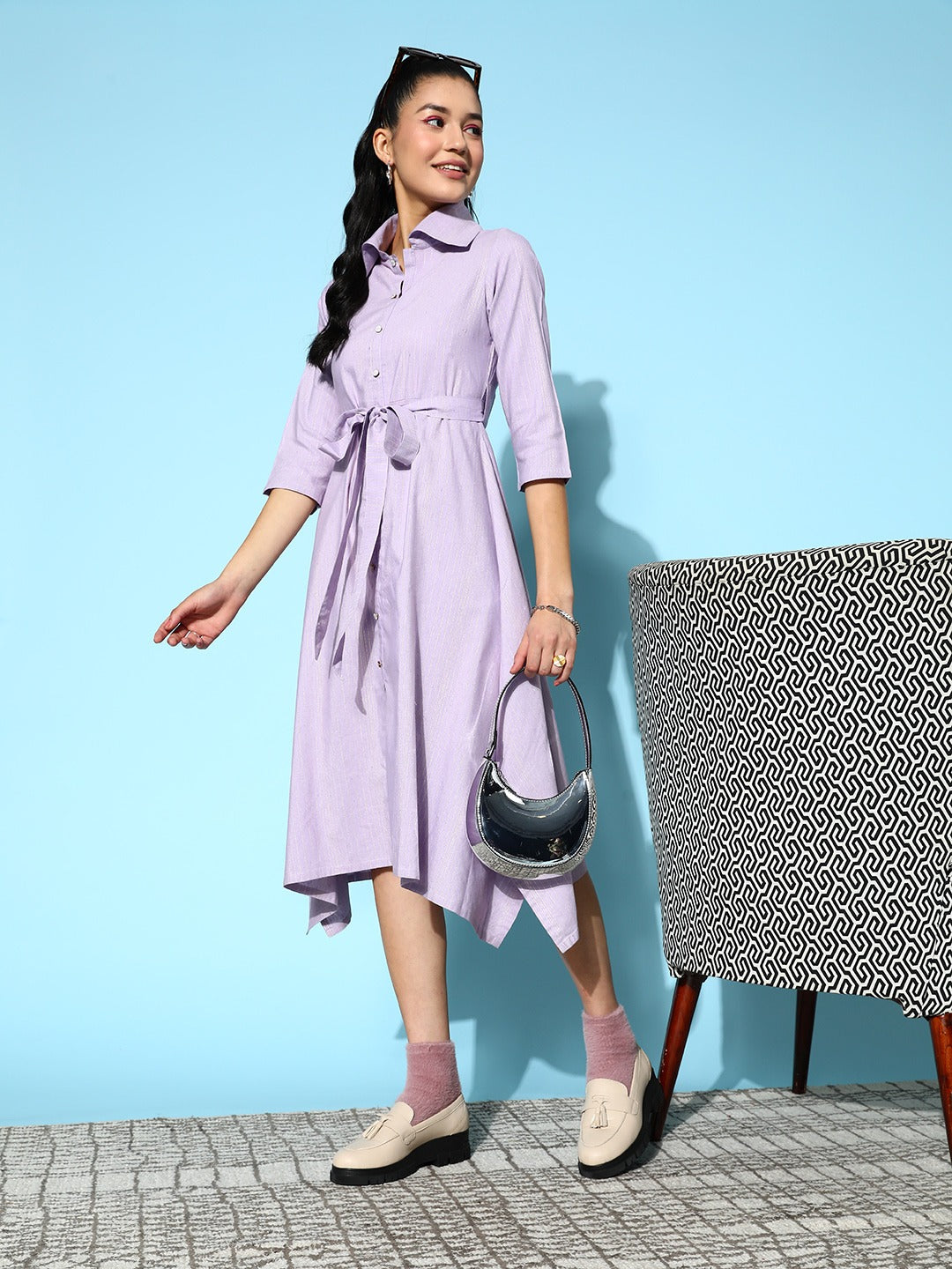 Yufta Lavender Belted Midi Dress - Distacart