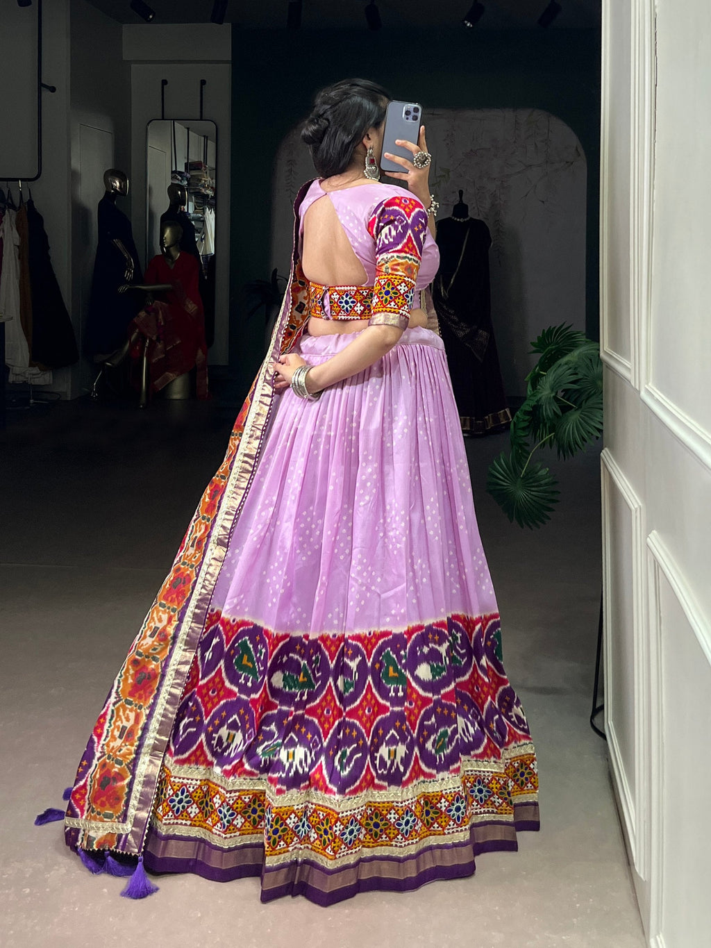 Lorenvalley Fashion Lavender Tasar Silk Print with Foil Work and Real Mirror Gamthi Work with Lace Touch Up Lehenga Choli with Dupatta