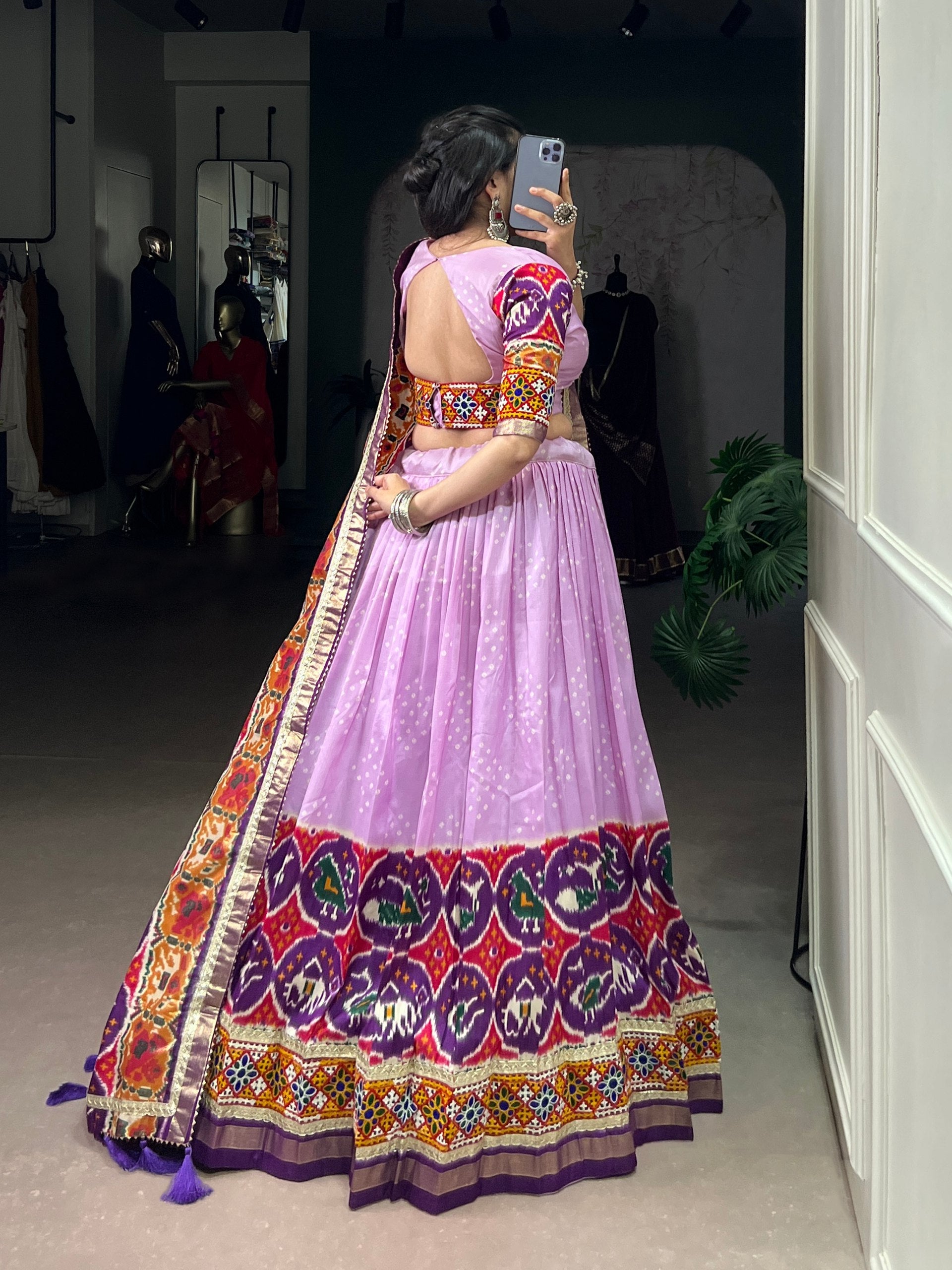 Lorenvalley Fashion Lavender Tasar Silk Print with Foil Work and Real Mirror Gamthi Work with Lace Touch Up Lehenga Choli with Dupatta