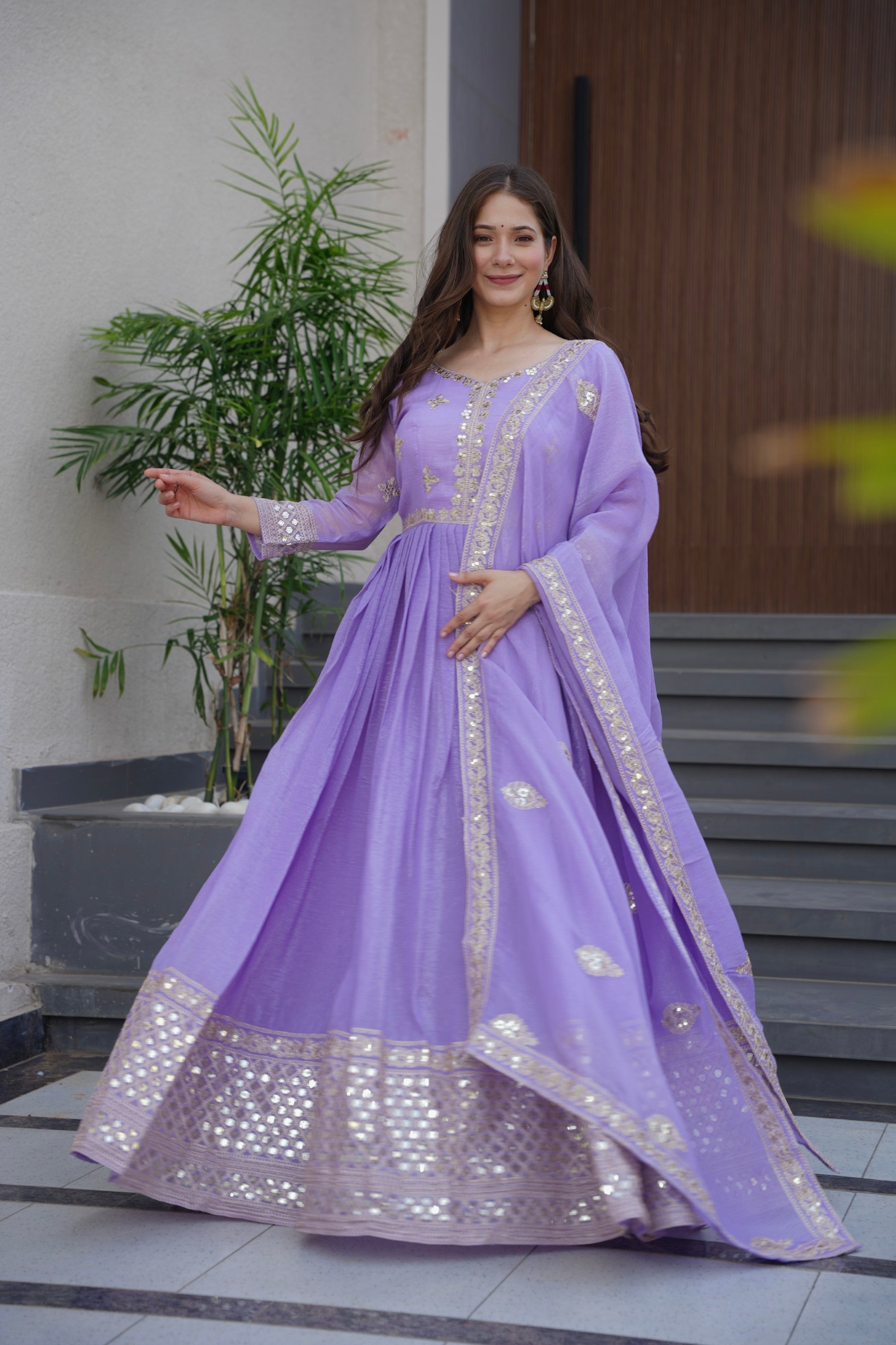 Lorenvalley Fashion Lavender Crunchy Silk with Embroidery Codding & Sequins Work Anarkali Gown with Dupatta - Distacart