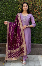 Lorenvalley Fashion Lavender Roman Silk Hand Work Kurta Pant with Dupatta - Distacart