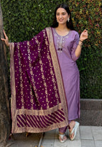 Lorenvalley Fashion Lavender Roman Silk Hand Work Kurta Pant with Dupatta - Distacart