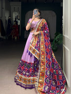 Lorenvalley Fashion Lavender Tasar Silk Print with Foil Work and Real Mirror Gamthi Work with Lace Touch Up Lehenga Choli with Dupatta