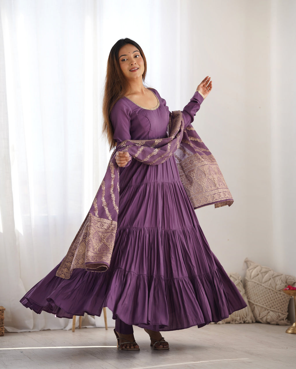 Lorenvalley Women Pure Roman silk Chanderi Fabric Layer Gathering Anarkali Kurta Pant With Dupatta Set - Lavender