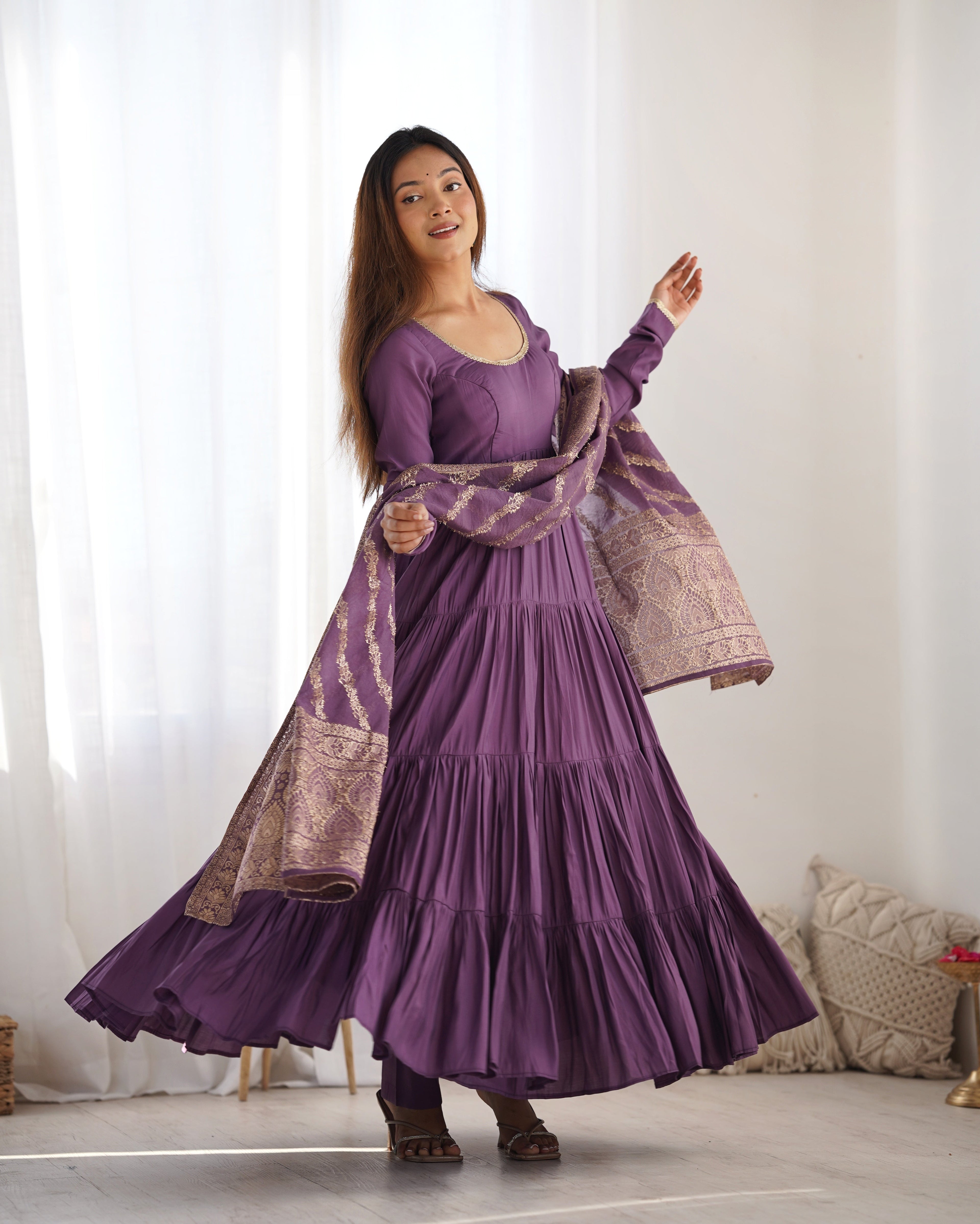 Lorenvalley Women Pure Roman silk Chanderi Fabric Layer Gathering Anarkali Kurta Pant With Dupatta Set - Lavender