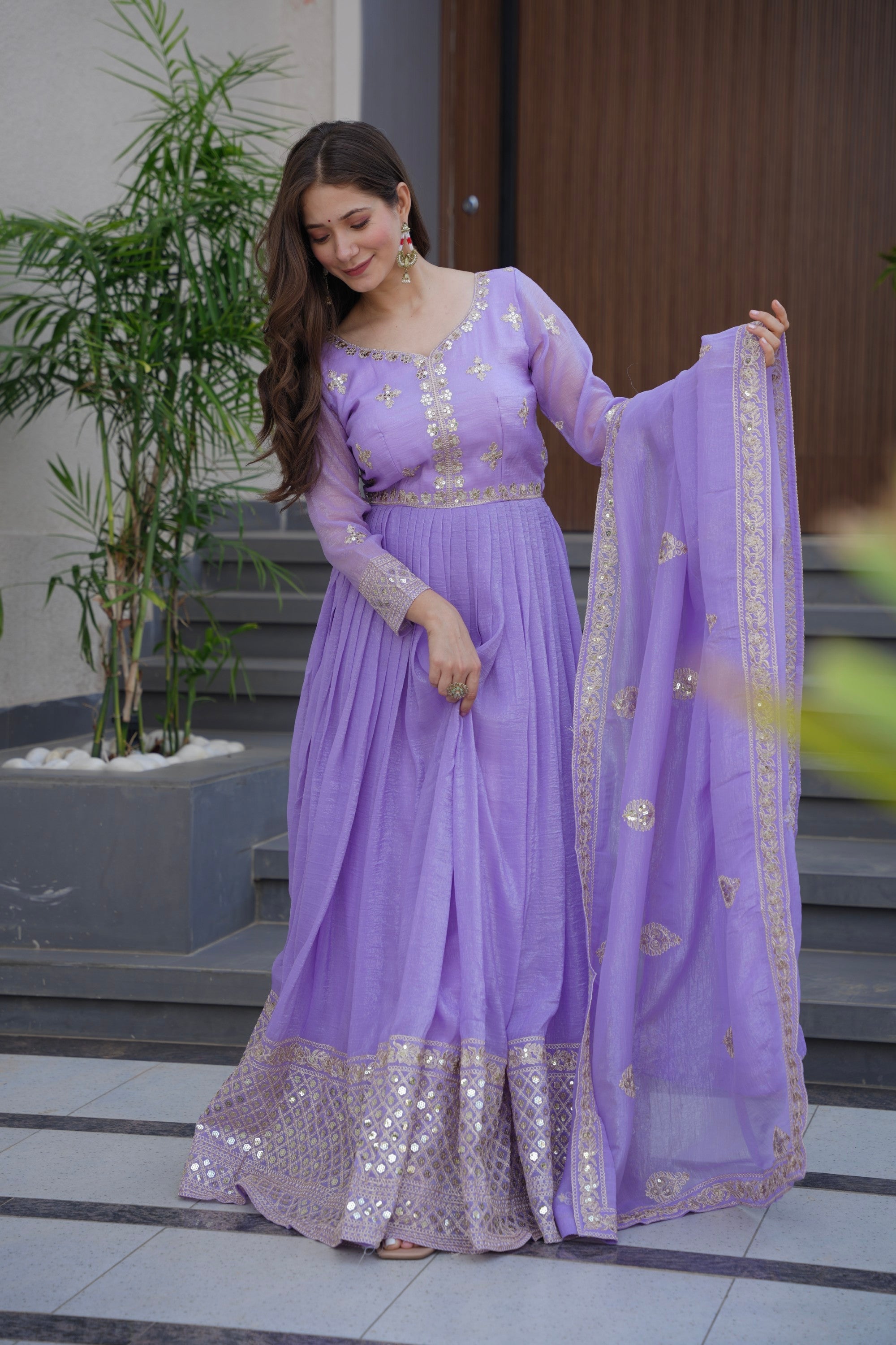 Lorenvalley Fashion Lavender Crunchy Silk with Embroidery Codding & Sequins Work Anarkali Gown with Dupatta - Distacart