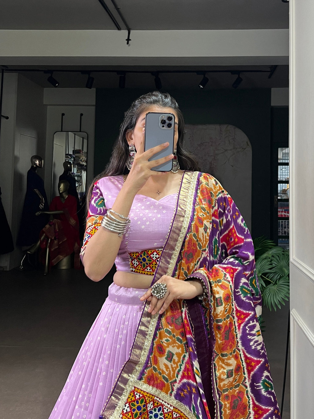 Lorenvalley Fashion Lavender Tasar Silk Print with Foil Work and Real Mirror Gamthi Work with Lace Touch Up Lehenga Choli with Dupatta